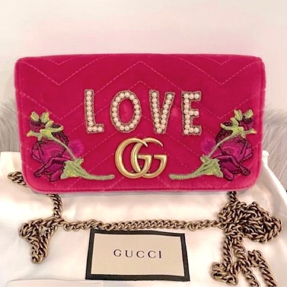 NWT Gucci GG Marmont Mini Matelasse Love Embroidered Pink Velvet Cross Body Bag